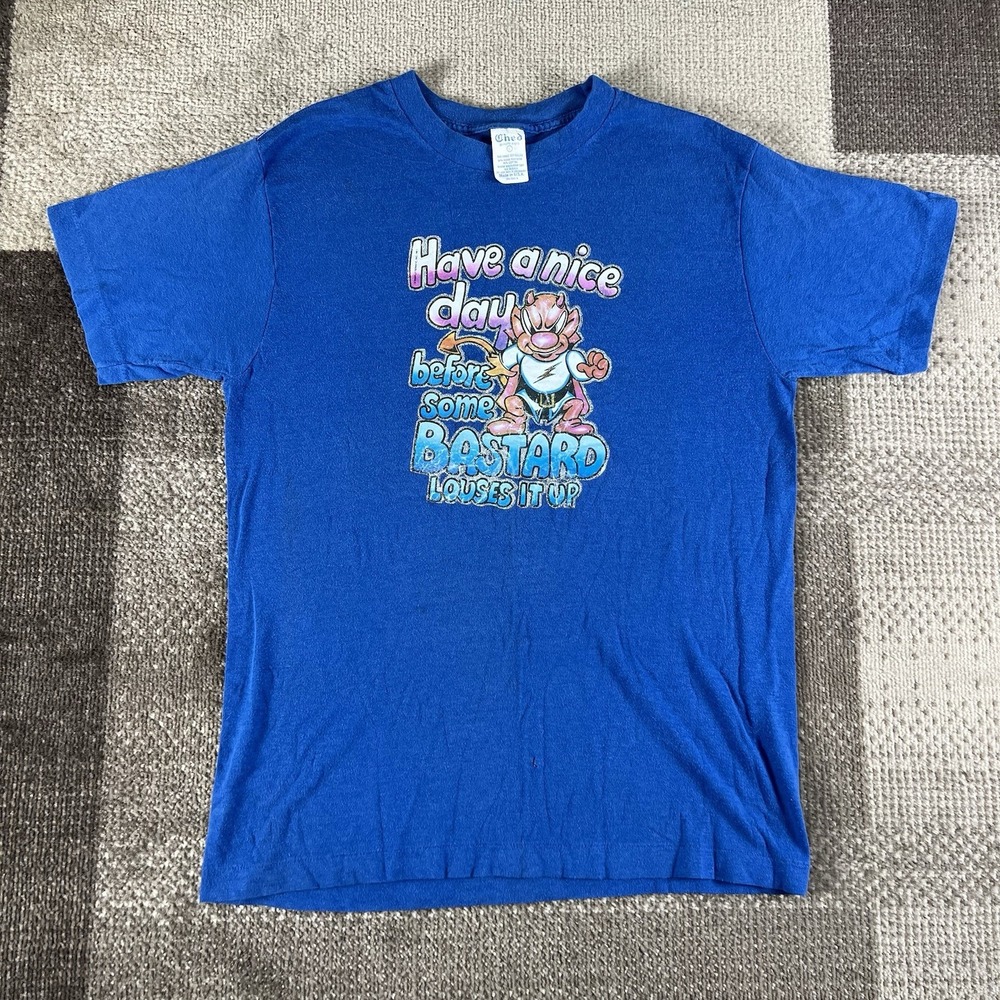 VTG 80s T Shirt Adult Large Single Stitch Glitter Iron On Have A Nice Day‎ Blue